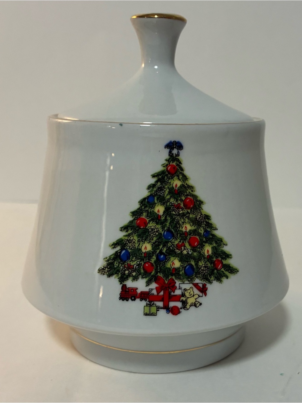 Festive White Ceramic Holiday Trinket Jar with Christmas Tree